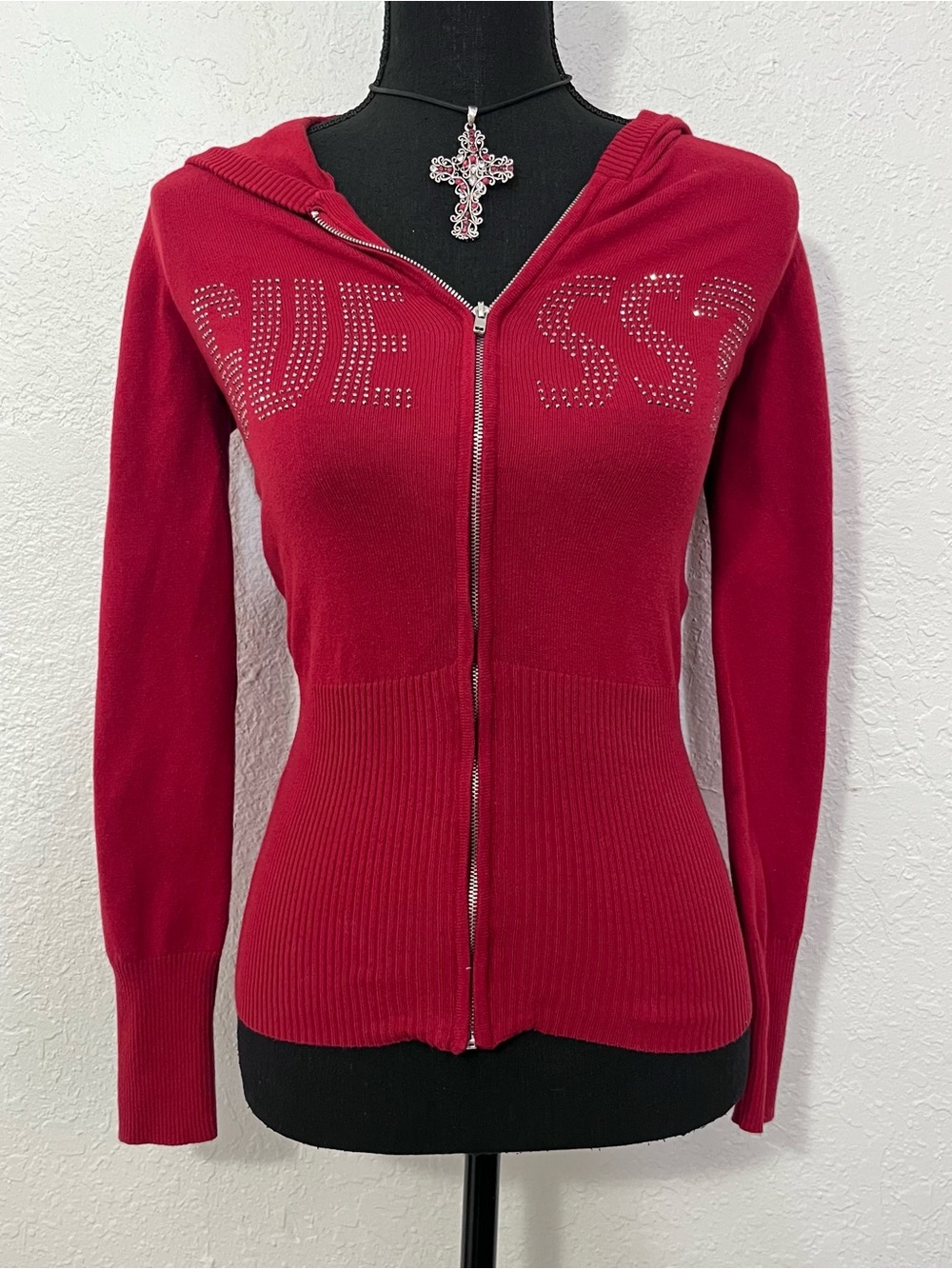 Guess Red Rhinestone Logo Hooded Zip Cardigan